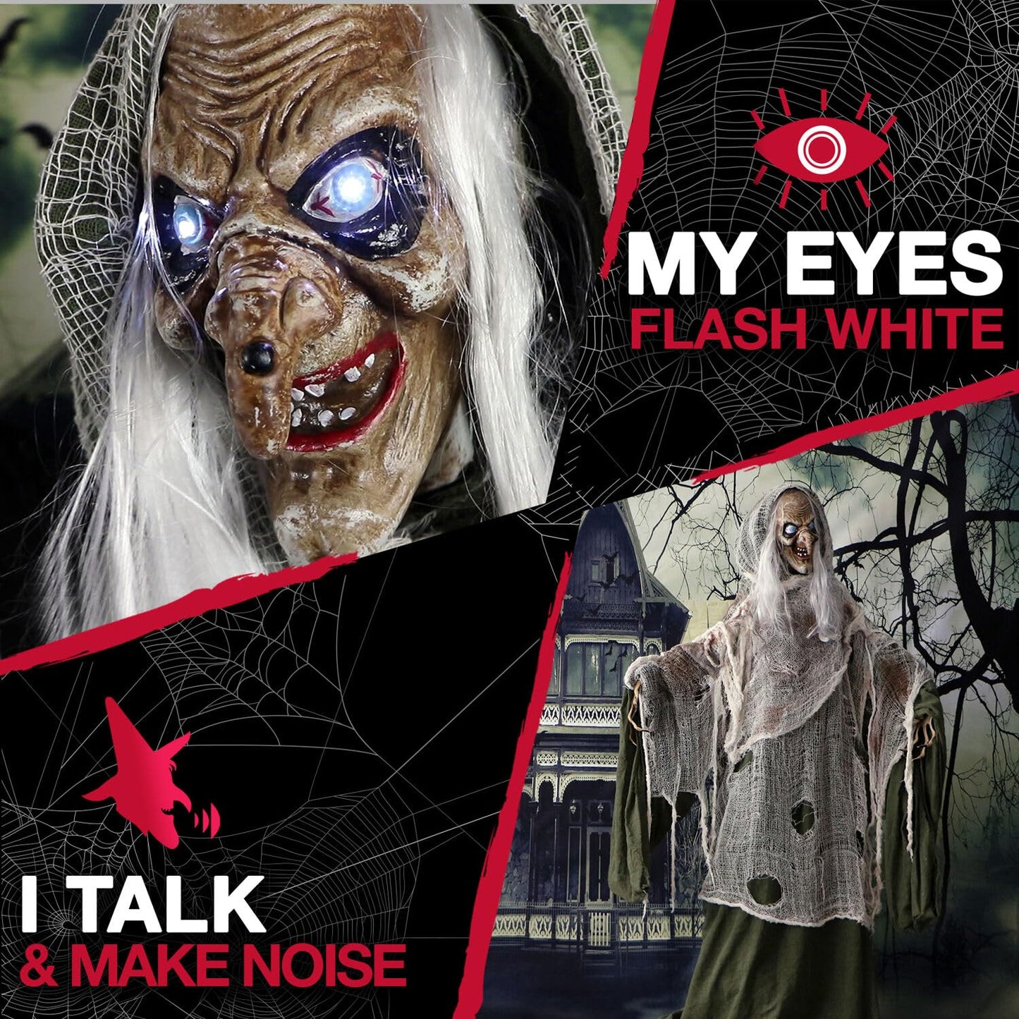 Haunted Hill Farm Life-Size Scary Talking Witch, Animatronic with Touch Activated Lights and Sound, Battery Operated Indoor or Covered Outdoor Decoration, Creepy Halloween Prop