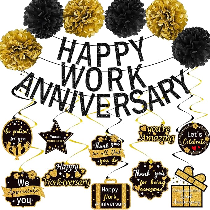 Tintisfafa Happy Work Anniversary Decorations Black Gold, Happy Anniversary Banner for Employee, Work Anniversary Workiver...
