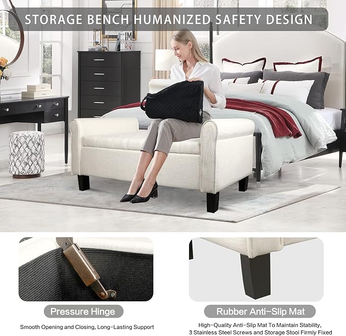 Babion Storage Bench for Bedroom End of Bed, Button Linen Fabric Storage Ottoman Bench 51 Inch, End of Bed Storage Bench with Upholstered, Rolled Arm Window Bench Seat with Solid Wood Legs, Beige