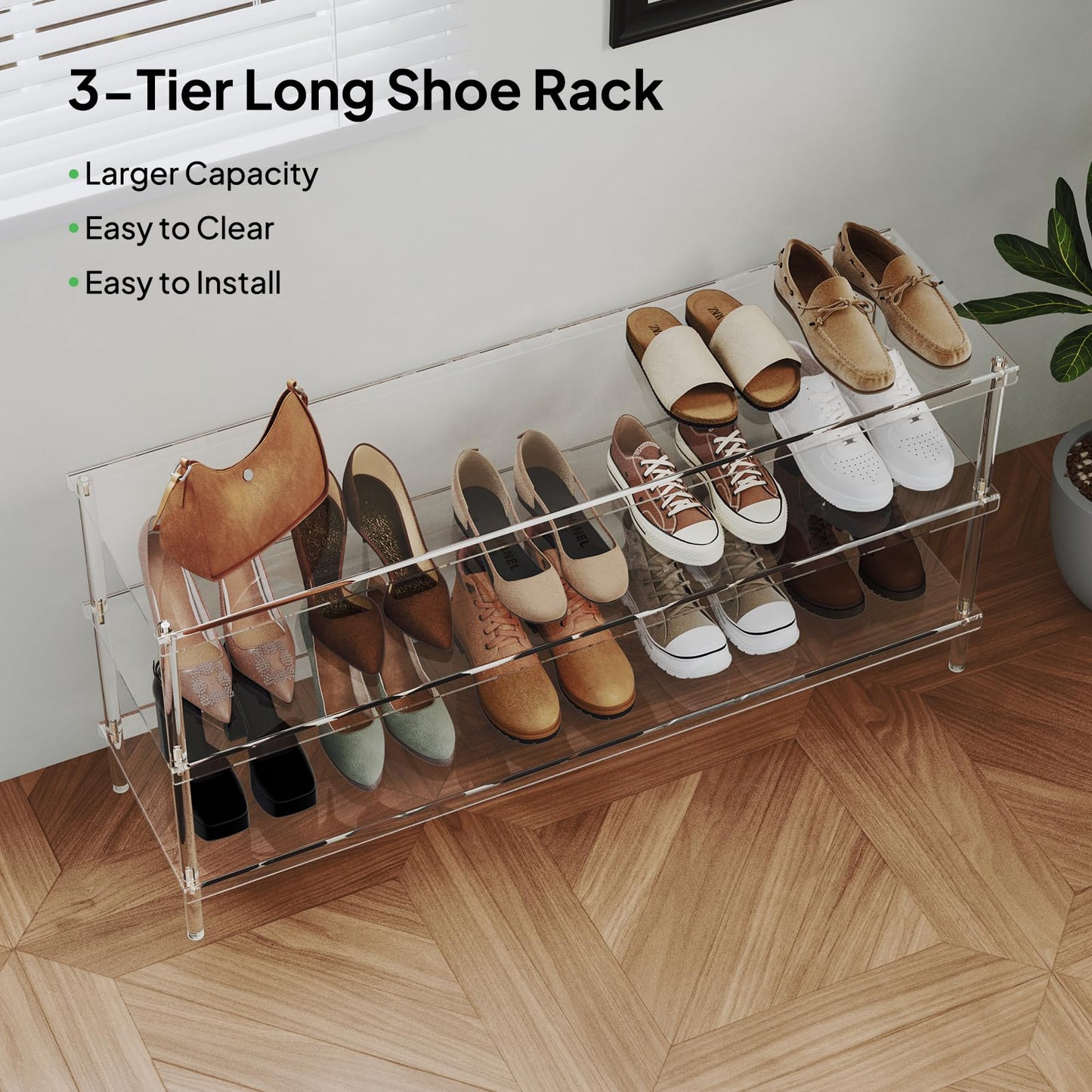 Aquiver Acrylic 3-Tier Long Shoe Rack - Clear Wide Shoe Rack for Closet - Entryway Shoe Storage Organizer - 42.7'‘ L x 11.8'' W x 20.5'' H, Easy Assembly & Clean