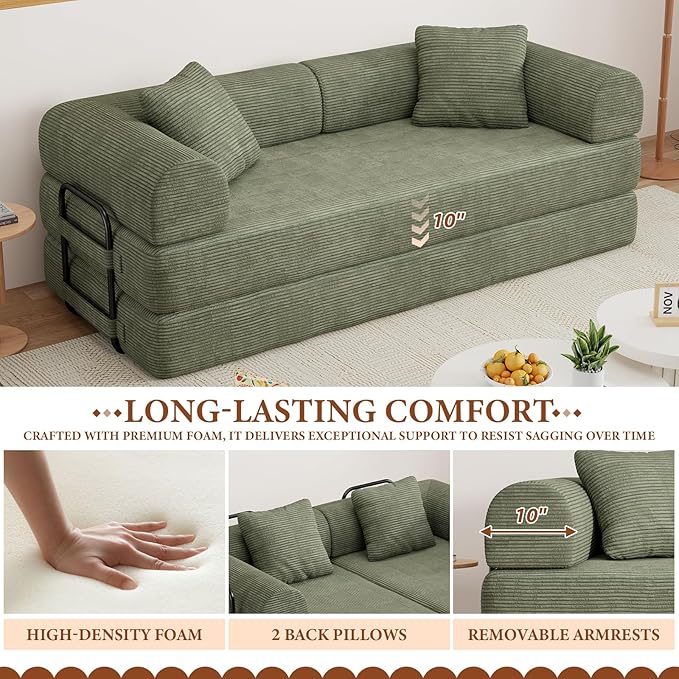 77" Convertible Sofa Bed, Modular Folding Futon Corduroy Floor Foam Compressed Loveseat Sleeper Sofa Couch, Pull Out Queen Size Couch Bed with 2 Pillows for Living Room Guest Room Studio, Light Green
