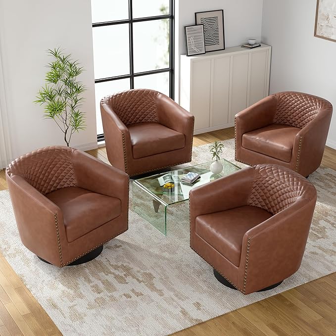 UIXE Swivel Accent Chairs Set of 4, PU Leather Barrel Club Chair for Living Room, Upholstered Round Armchair Comfy Single Sofa Bedroom Reading Seat - Brown