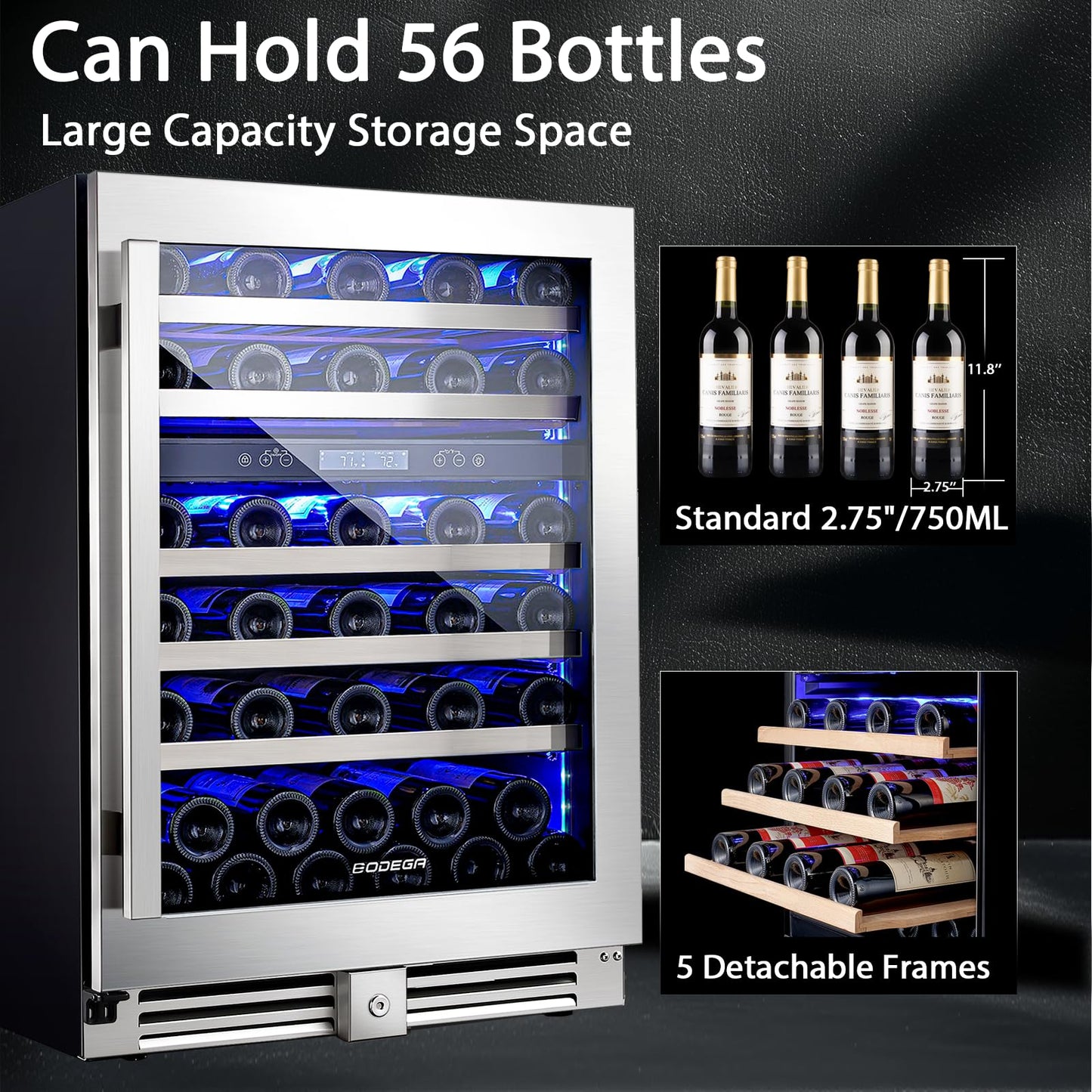 BODEGA 56 Bottle Wine Cooler, 24 Inch Dual Zone Wine Fridge with Double-Layer Glass Door, Wine Cooler Refrigerator with Digital Temperature Control and Temperature Memory, Wine Cooler for Home