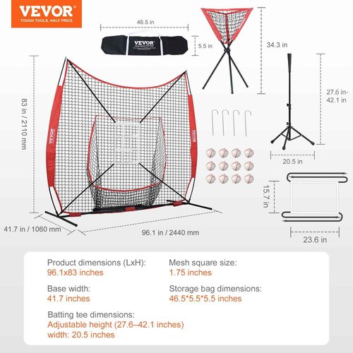 VEVOR 7x7 ft Baseball Softball Practice Net, Portable Baseball Training Net for Hitting Catching Pitching, Backstop Equipment with Bow Frame, Carry Bag, Strike Zone, 12 Balls, Tee, and Ball Caddy