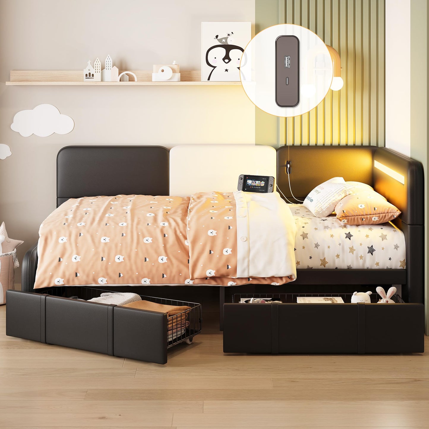 LIKIMIO Daybed with Storage, Twin Day Bed Frame with Drawers, Charging Station & LED, Sofa Bed with Strong Supports for Bedroom, Living Room, PU Leather Upholstered