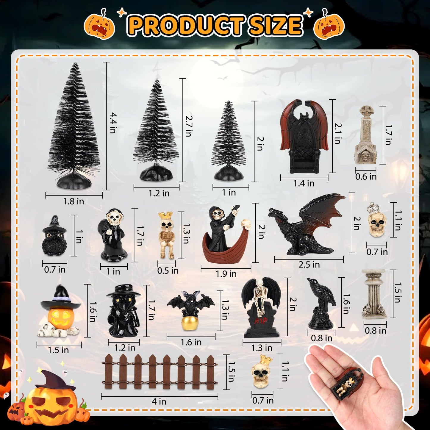IESCOO 20 Pcs Halloween Miniatures Figurines, Mini Resin Skeleton Pumpkin Ghost Crow Bat Dragon Tombstones Tree Decorations for Halloween Village Garden Crafts Home Decor Accessories