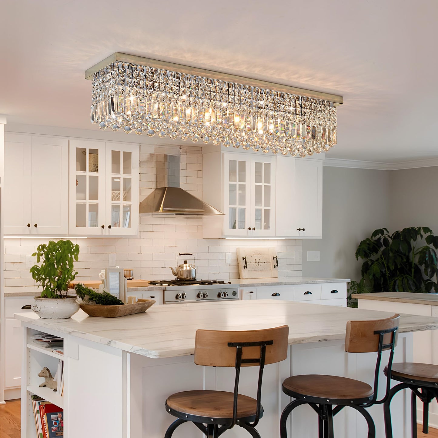 Tinkoso Crystal Chandelier for Dining Room 39.3" Modern Gold K9 Crystal Rectangle Chandeliers Flush Mount Pendant Light Fixture Kitchen Island Bar Dining Room Bedroom Bathroom Hotel