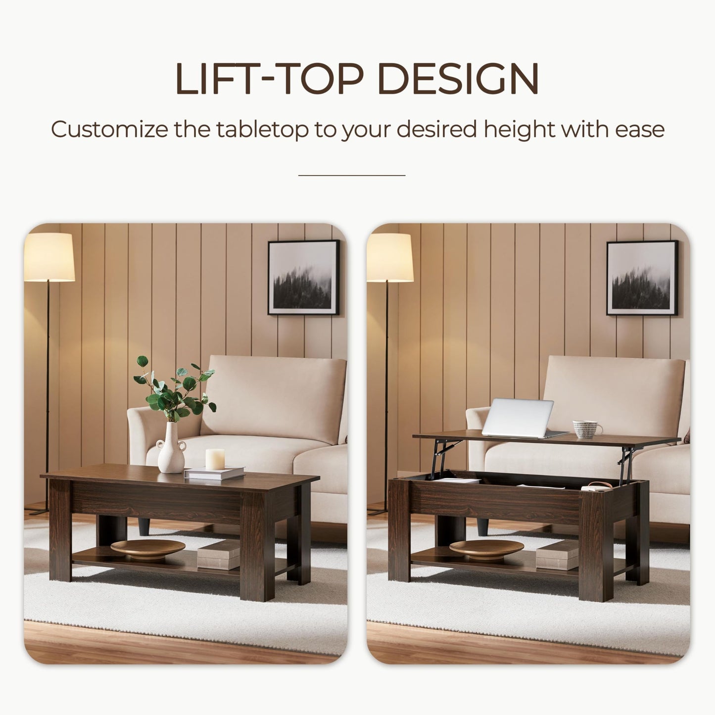 Yaheetech Lift Top Coffee Table with Hidden Compartment and Storage Shelf, Rising Tabletop Dining Table for Living Room Reception Room, 38.6in L, Espresso