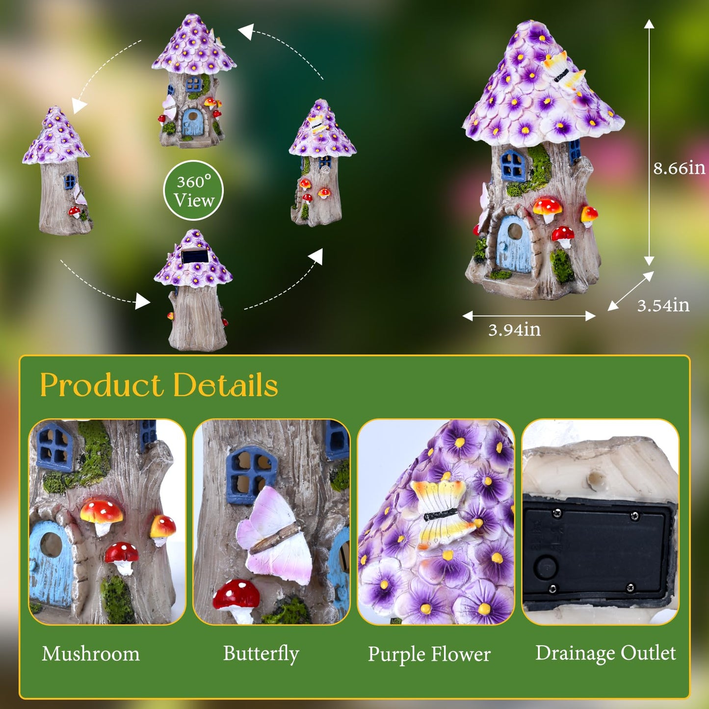 Garden Decoration Outdoor Solar Statue Light, Fairy Houses for Outside, Resin Fairytale Garden Mushroom House, for Patio, Yard, Balcony Decoration, Birthday Gift for Lady and Kids, Gardening Gift