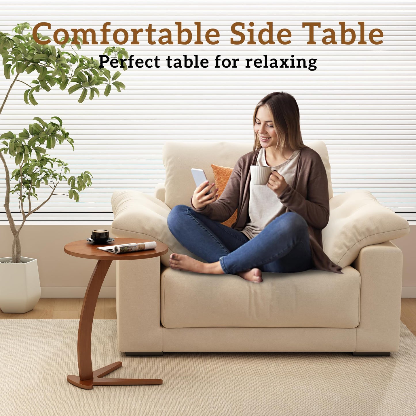 Wood Round Side Table: 15 '' Modern C Shaped End Table Nightstand with Natural Solid Wood, Small Bedside Table for Living Room, Bedroom, Farmhouse, Small Spaces (Medium)