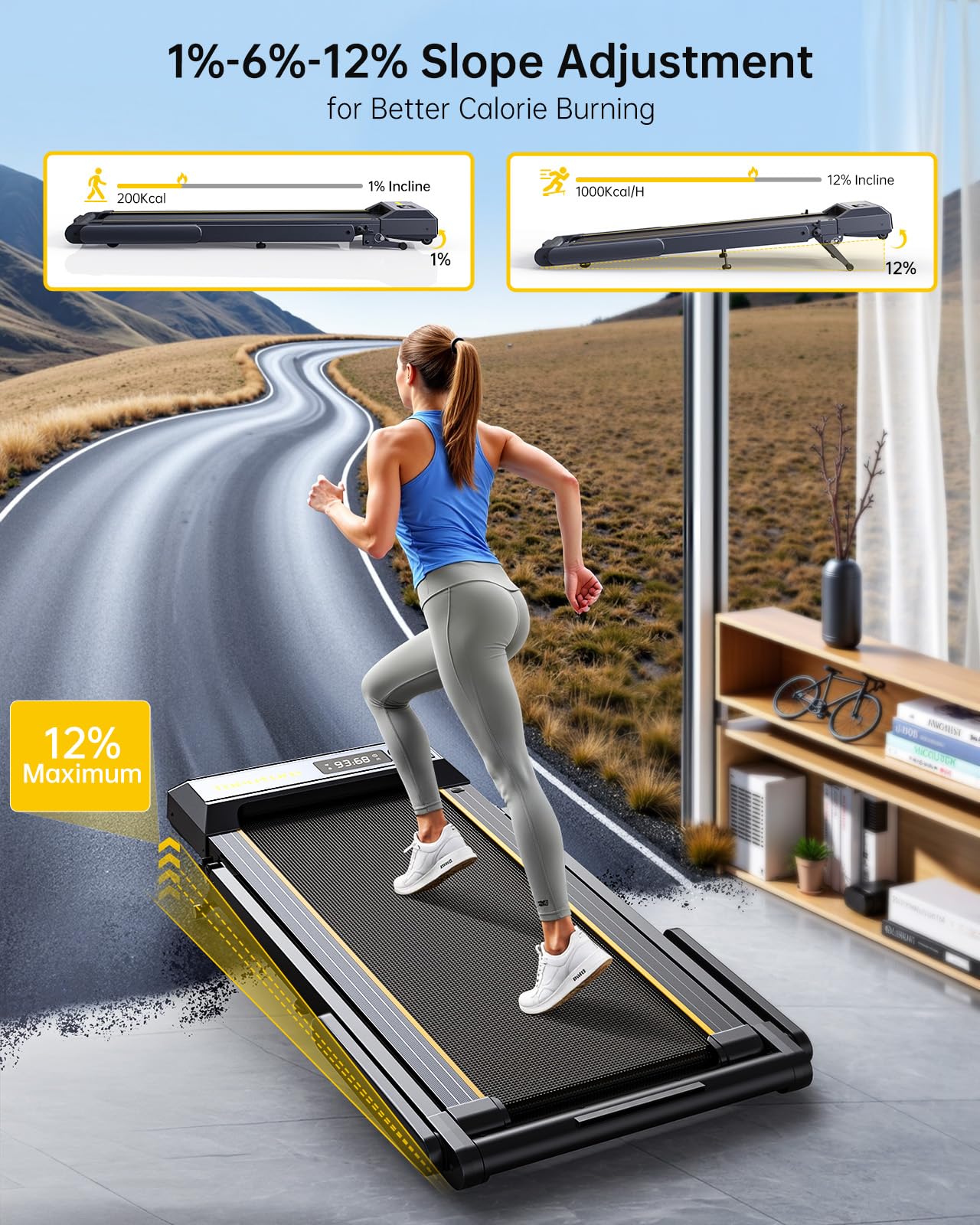 TOPUTURE Walking Pad Treadmill with 12% Incline and Handle Bar, 4 in 1 Folding Treadmill for Home/Office, Under Desk Treadmills Portable Walking Pad with App & Bluetooth Speaker, 0.6-10MPH