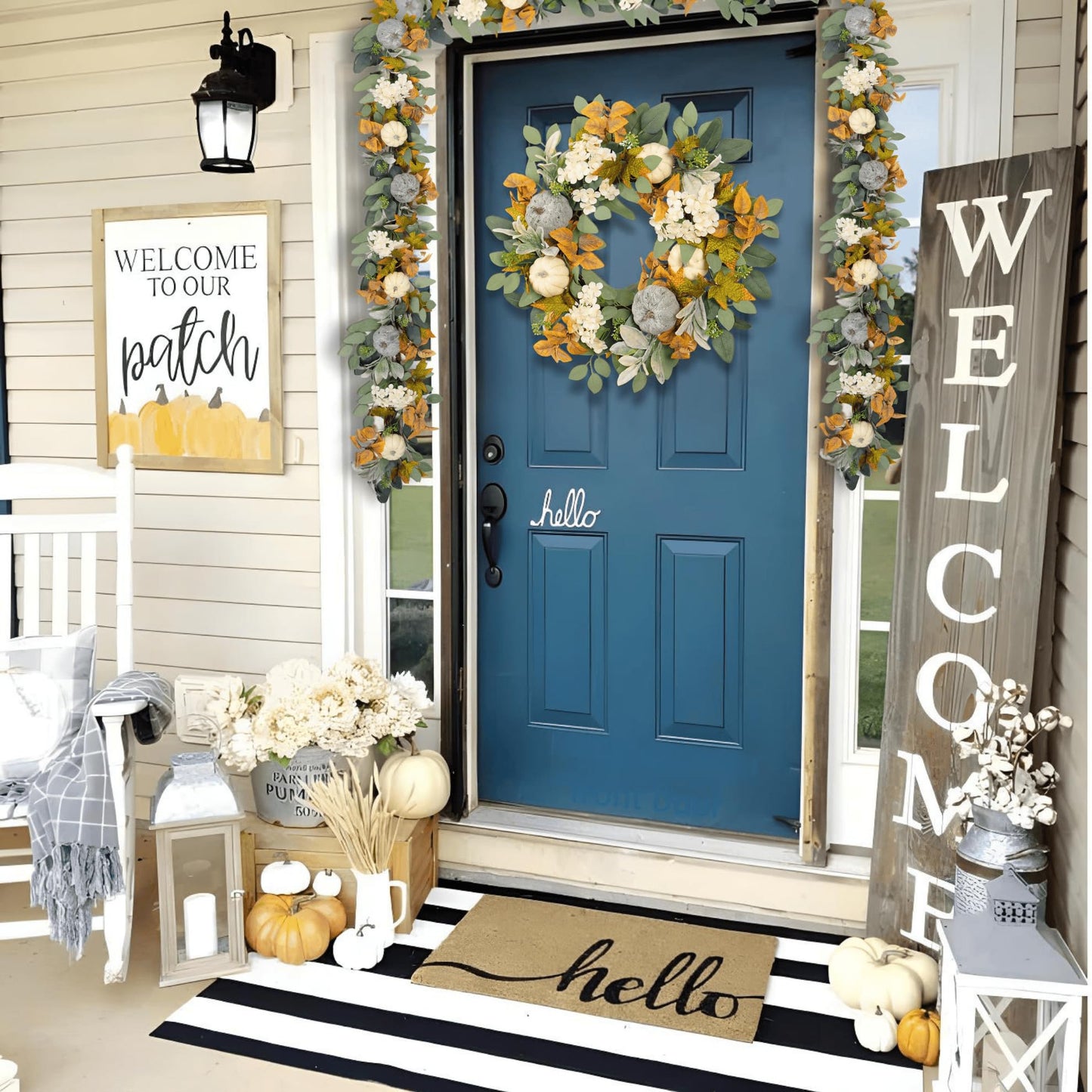 Fall Pumpkin Garland 60 Inch (5 Ft), Quixem Autumn Eucalyptus & Lambs Ear Garland with White Hydrangea Accents, for Thanksgiving Halloween Mantel Decor Table Centerpiece Home Wall Farmhouse Indoor