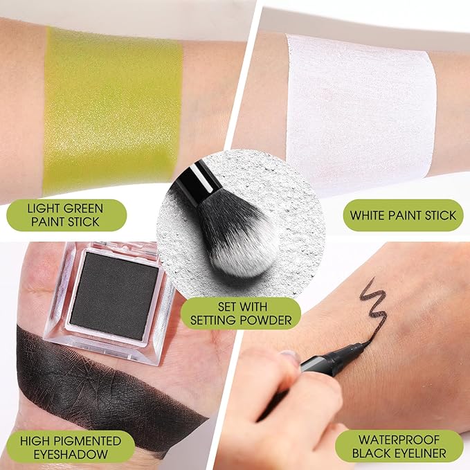 BOBISUKA Light Green & White Face Body Paint Stick Kit with Black Eyeshadow, Black Liquid Eyeliner, Setting Powder & 2 Sponges – Halloween Cosplay Makeup Set for Witch, Beetle Juice, Monster, Goblin