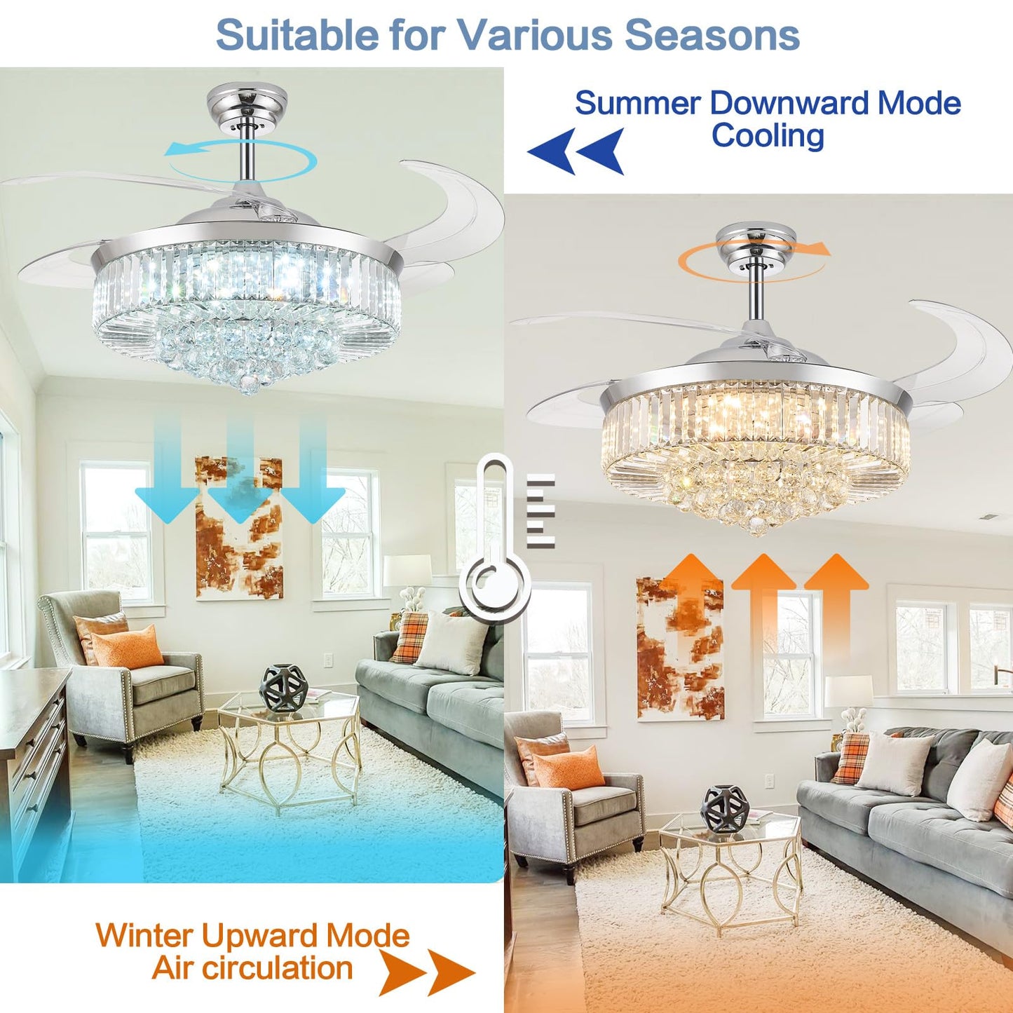 Zynfandor 52    Bluetooth Ceiling Fan With Light And Speaker,Rgb Retractable Blades Crystal Fandelier Music Player Led Chandelie