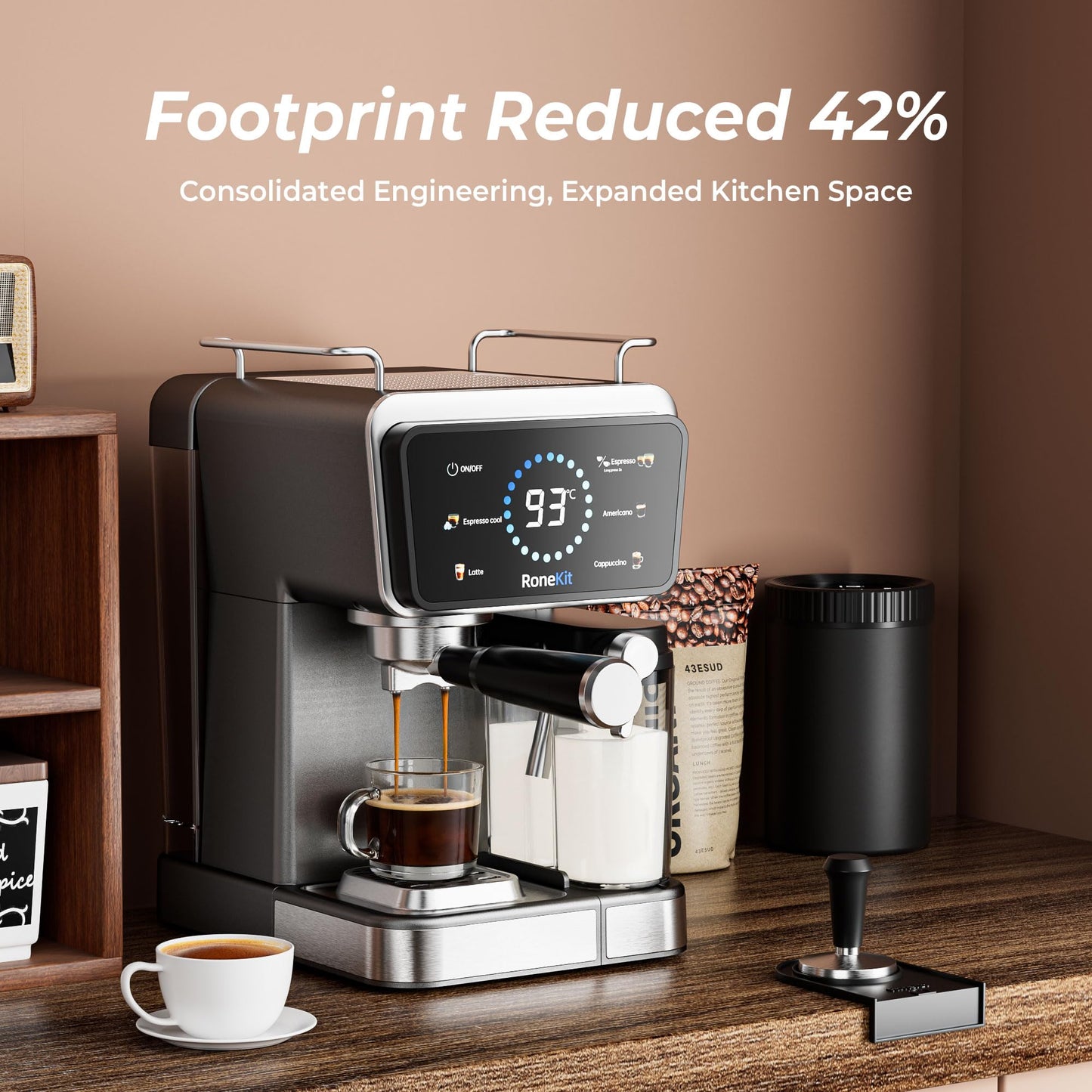 RoneKIT Espresso Machine with Automatic Milk Tank,Espresso Cool & Cappuccino Machine, 20Bar Espresso Coffee Machines, Touch Screen with Timer, 50.7Oz Removable Reservoir, Black