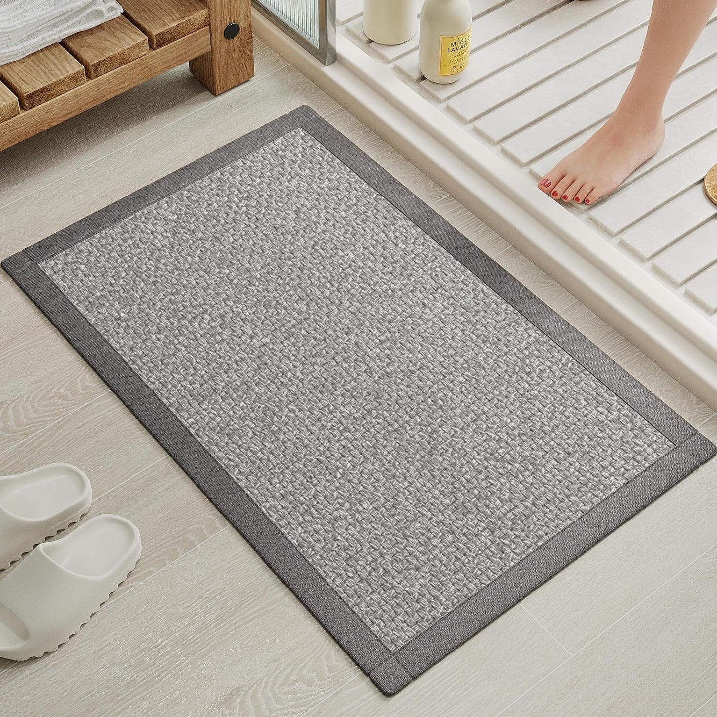 Non Slip Ultra Thin Bathroom Rugs Mat 20x32, Bath Mat Quick Dry Absorbent Bathroom Mat Floor Rubber Backed Fit Under Door, Woven Washable Bath Rugs, Gray