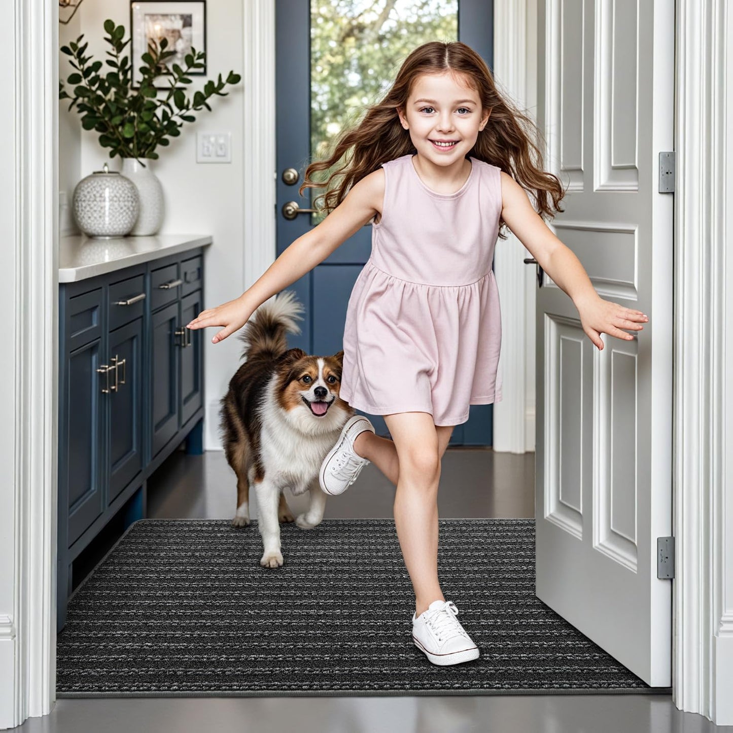 LUMI Ultra Thin Door Mat Indoor Entrance, Washable Entryway Mat with Non Slip Rubber Backing, Stain&Fade Resistant Doormat for Floor, Hallway, Porch, 20"x32", Grey Line