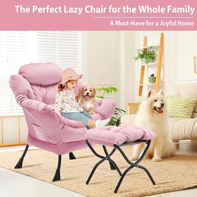 Youtanic Lazy Chair with Folding Ottoman, Accent Chair Velvet Upholstered with Metal Structure and Non-Slip Pads, Sofa Armchair with Footrest and Side Storage Bag for Dorm, Room, Office, Pink