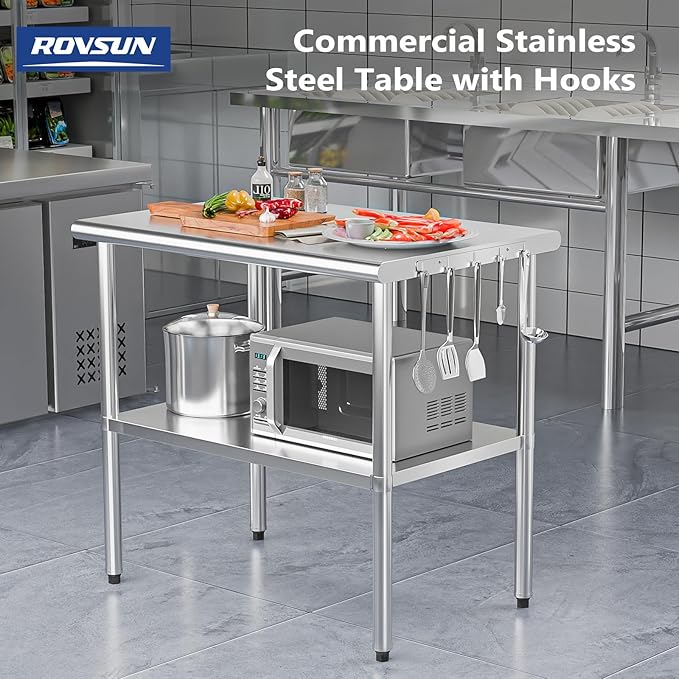 ROVSUN 30'' x 24'' Stainless Steel Table for Prep & Work,Commercial Worktables & Workstations, NSF Heavy Duty Metal Table with Adjustable UnderShelf for Kitchen Restaurant, Home, Hotel, Outdoor
