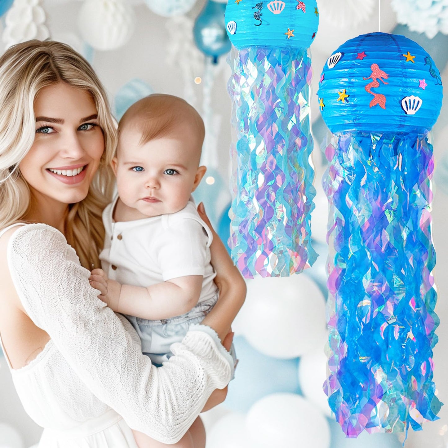 OBXT 12" Blue Jellyfish Lanterns - Mermaid Birthday Decorations, Under the Sea Party Supplies, Ocean Theme Hanging Jellyfish Decor for Classroom, Nautical Events, and Underwater Adventure (Set of 6)