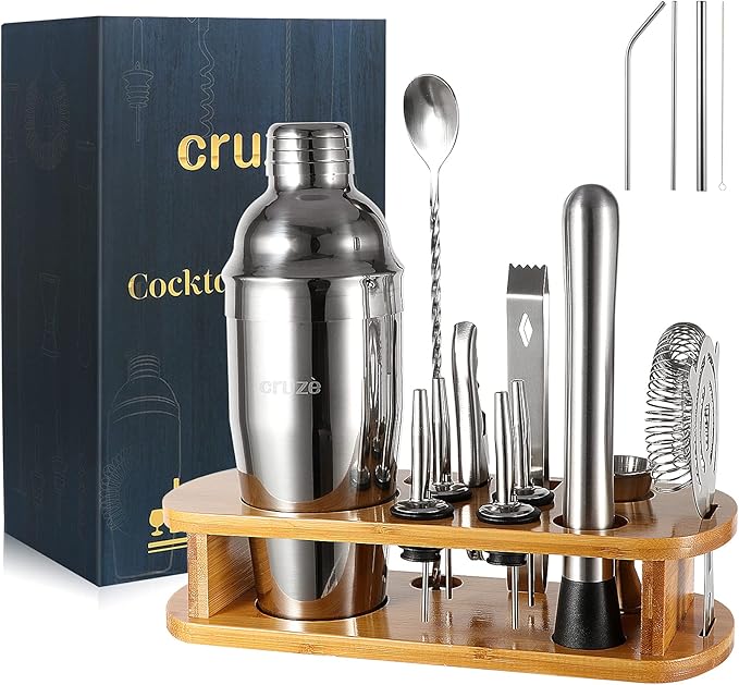 12-Piece Cocktail Shaker Set with Stand – 25oz Bartender Kit Including Shaker Jigger Muddler Bar Spoon Strainer Tongs 4 Po...