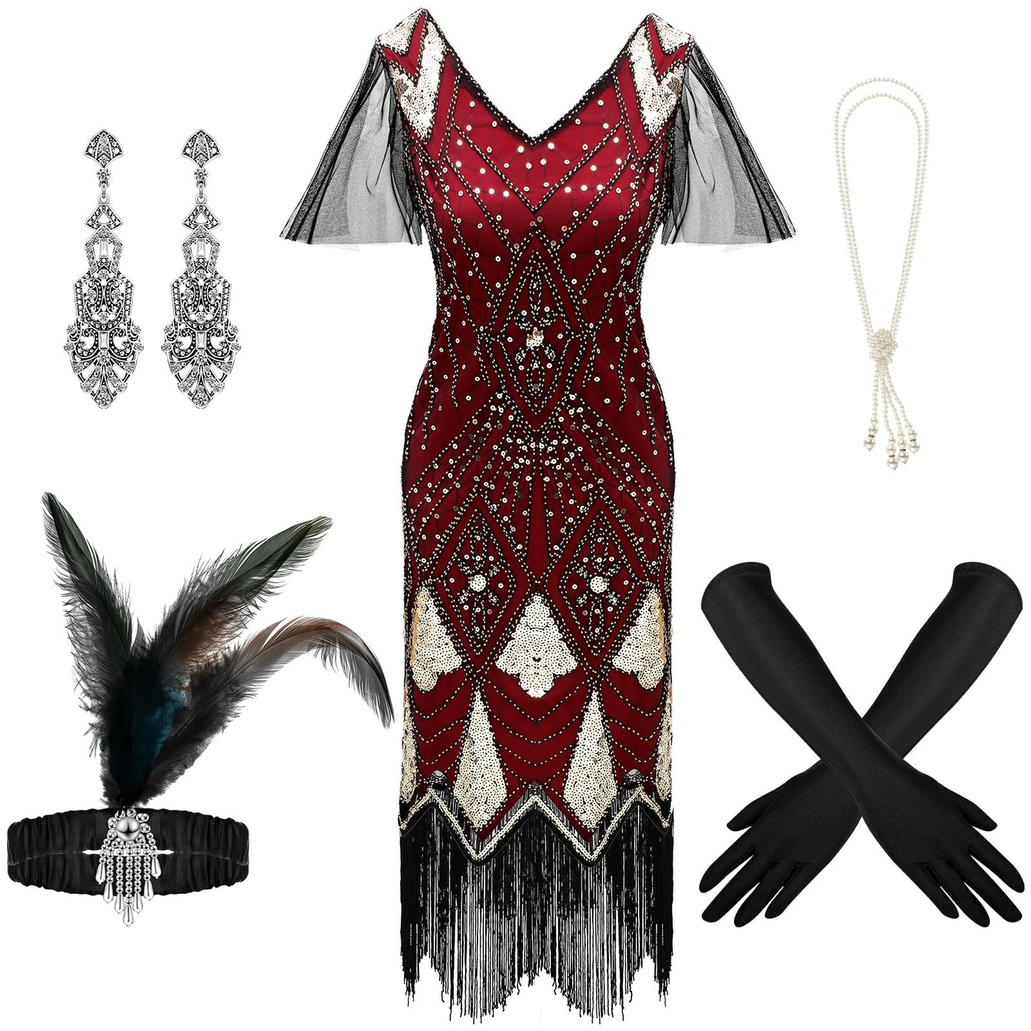 Tisancy 6 Pcs 1920s Flapper Costume Women Dress Roaring 20s Outfit Accessories Set Headwear Earring Necklace Gloves Stick(Small)