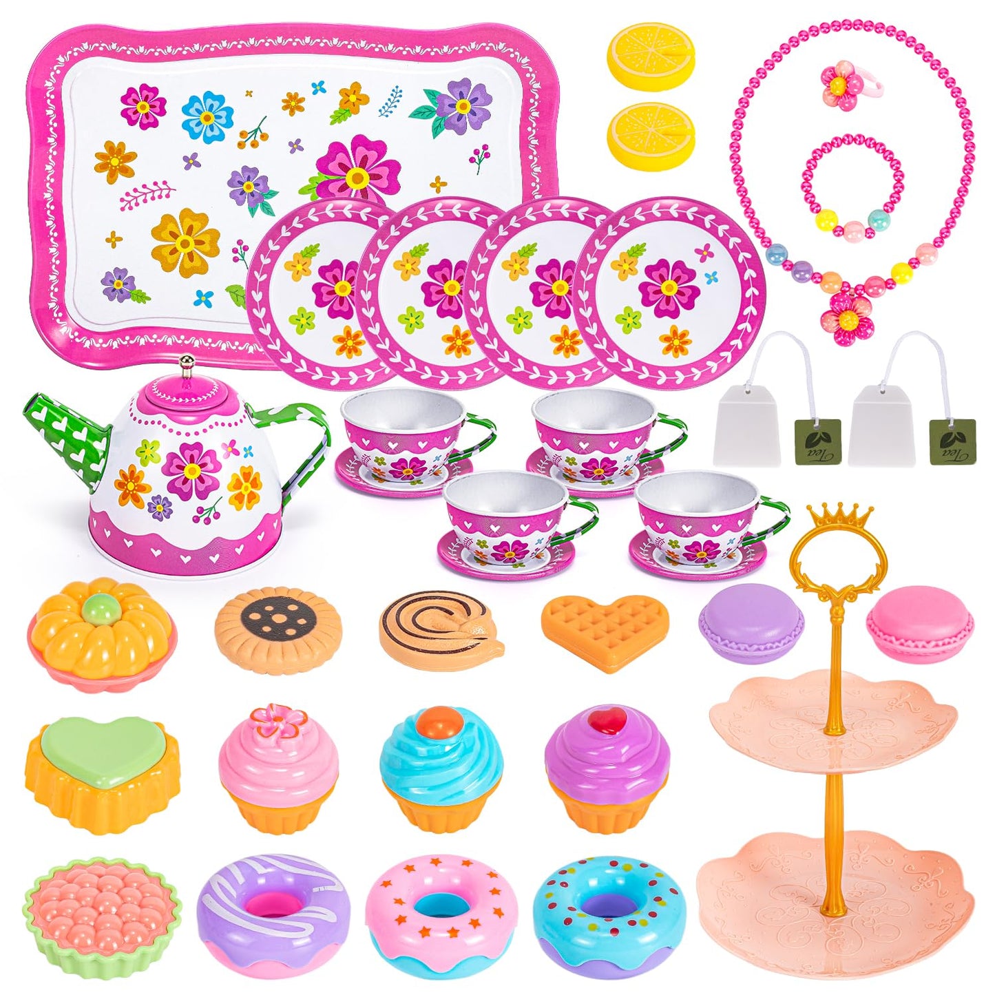Hohosunlar Kids Tea Party Set for Little Girls, Flower Toy Tin Tea Set with Carry Case, Dessert Play Food Tea Cup Set Teapot Girl Jewelry, Birthday for Girls Kids 3 4 5 6 7 Years Old
