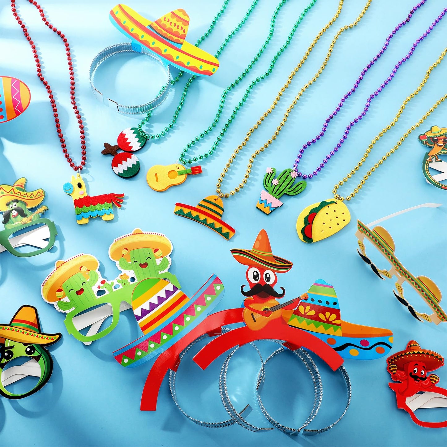 Hotop 36 Pcs Fiesta Party Decorations Sombrero Paper Hat Headbands Bead Necklaces Eyeglasses for Cinco De Mayo Mexican Party Supplies