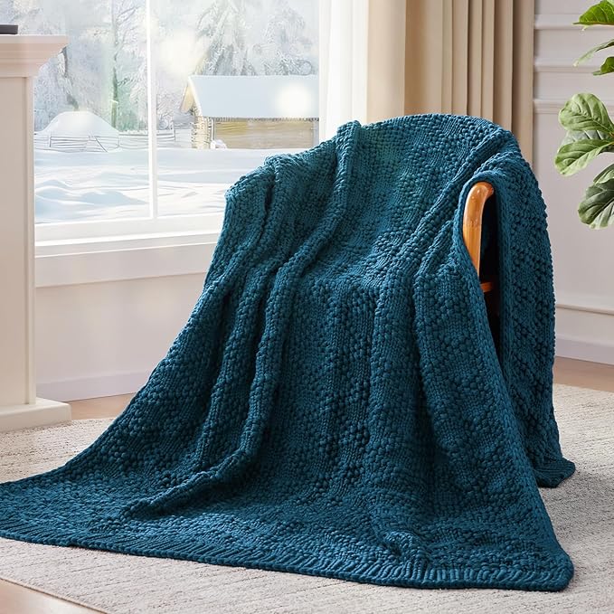 Knitted Weighted Blanket for Adult, Chunky Knit Weighted Throw for Sleep 48"*72" 10lbs, Cooling Breathable Heavy Blanket for Hot Sleepers, Machine Washable Blanket for Room Decor(Peacock)