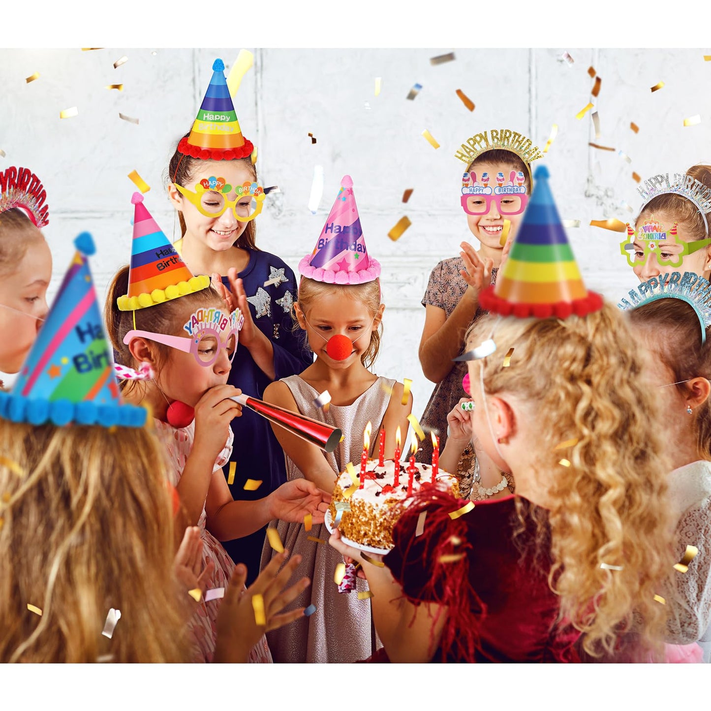 Sratte 36 Pcs Birthday Party Favors Set, Happy Birthday Hat Headband Glasses Noise Makers Party Horns for Adults Kids(Rainbow Style)