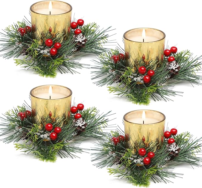 Christmas Candle Ring, 4 Pcs Votive Candle with Red Berry Pinecone, Xmas Ring Candle for Table Centerpiece Decoration Wedd...