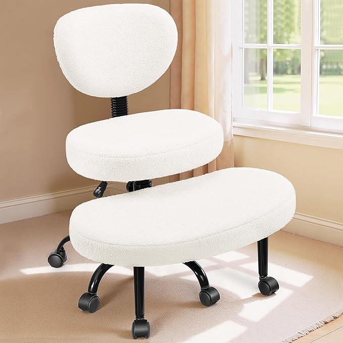 Ergonomic Cross Legged Office Chair with Wheels - Adjustable Height for Meditation, ADHD Desk & Yoga - Wide Criss Cross Design with Lumbar Support, Kneeling Chair - Off White