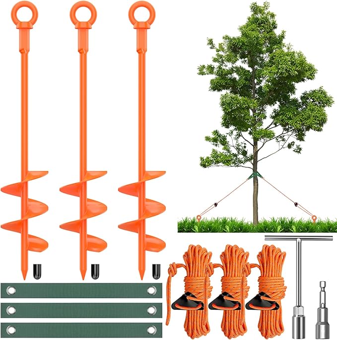 GrowGlow 3 Pack 18" Tree Stake Kit, Heavy Duty Spiral Stakes and Supports for Leaning and Young Trees Straightening, Protect Trees from Bad Weather (Orange)
