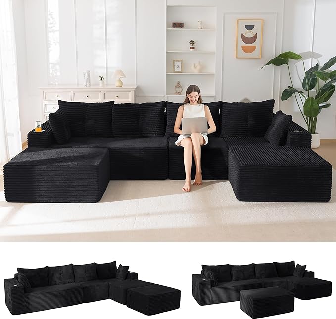 MAXYOYO 132" Giant U-Shaped Modular Sectional Couch, Modern Boneless Couch for Living Room, Sofa in A Box, Oversized Sofa Sleeper with Deep Seat, No Assembly Required, Black