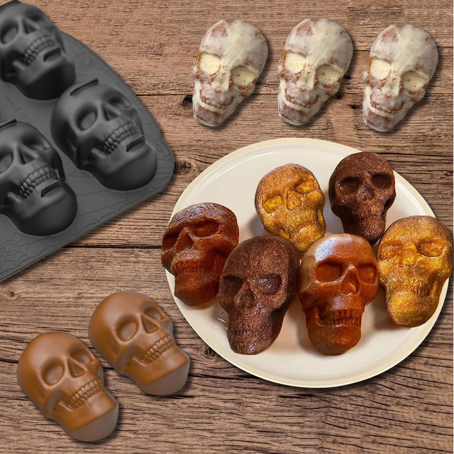 Halloween Skull Cake Pan Silicone Mold - 6 Cavities Skull Ice Mold, Pirate Baking Pan for Baking Halloween Birthday Party Ice Cube Tray