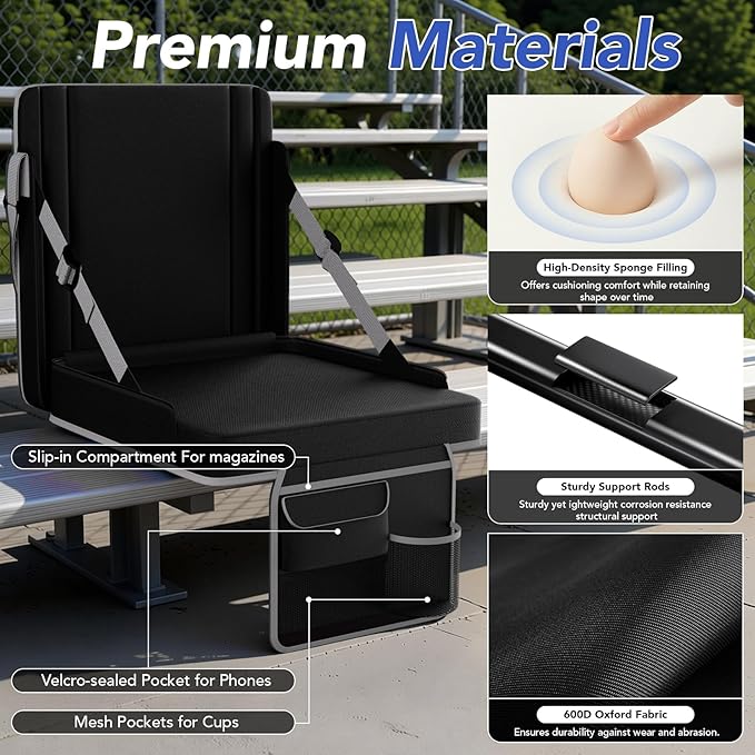 janiry Stadium Seats with Back Support 2PACKS Adjustable Bleacher Chairs with Back and Cushion Bleacher Seat with Cup Holder, Carry Handle & Shoulder Strap for Outdoor Sports Events, Picnics, Beaches
