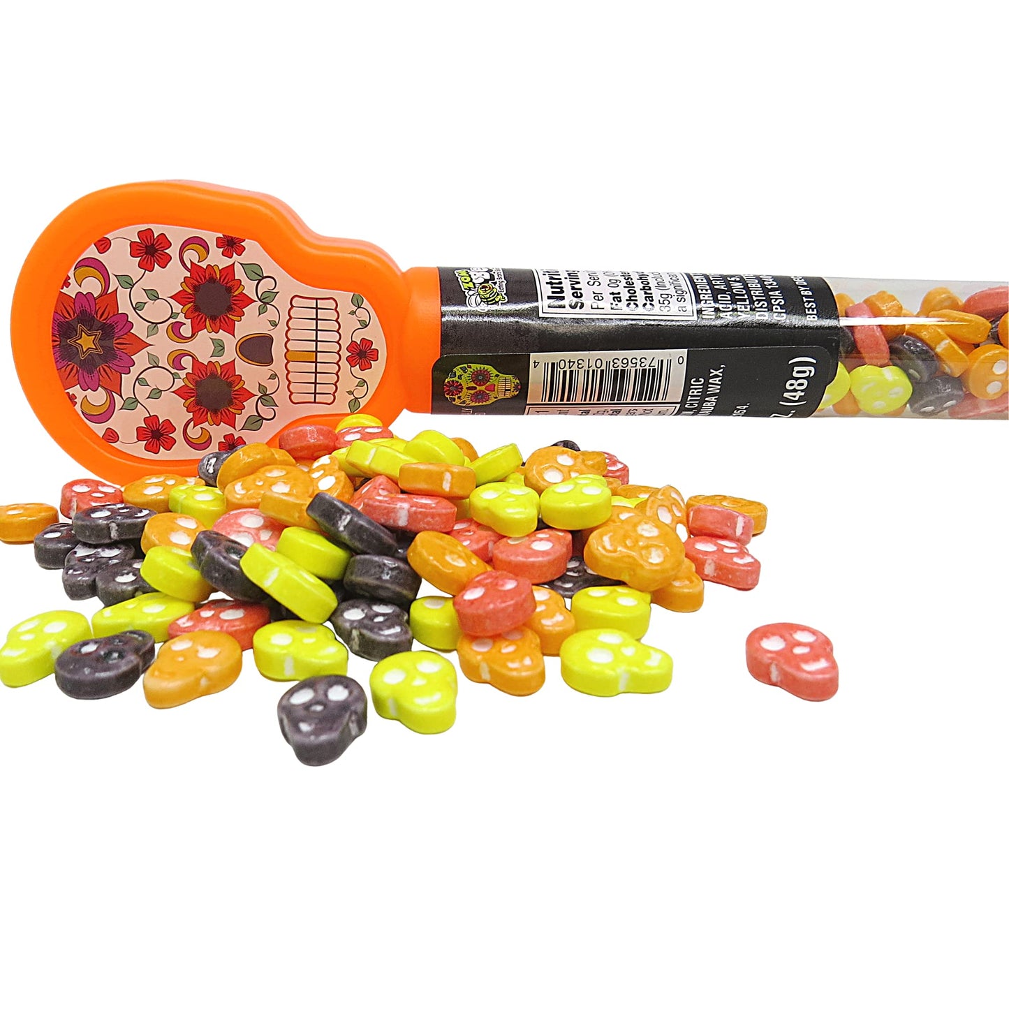 Needzo of the Dead Sugar Skull Plastic Candy Tubes with Hard Candies Inside, Dia De Los Muertos Party Favors, Small Halloween Gifts, Pack of 4