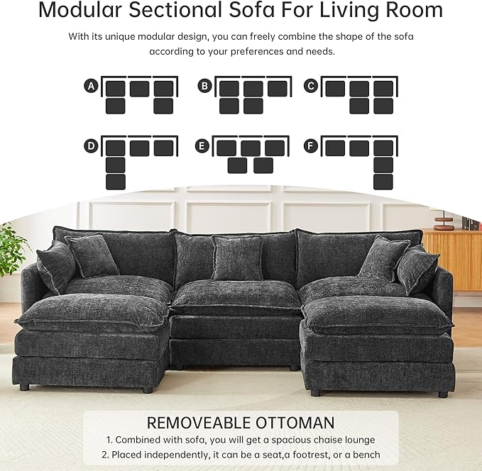saows Modular Sectional Sofa, 112.2 Inch U Shaped Couch Set with Armrests, 3-Seater Comfy Cloud Couches with Movable Ottoman for Living Room Apartment, Grey