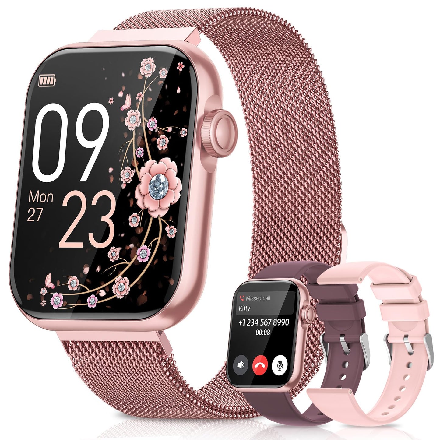 Smart Watches for Women, Health Fitness Watch for Android iPhone, Sleep/Heart Rate/SpO2/Blood Pressure Monitor, 1.85'' Smartwatch for Calls/SMS/Notifications, 100+ Sports Modes, 300+ Dials, 3 Bands