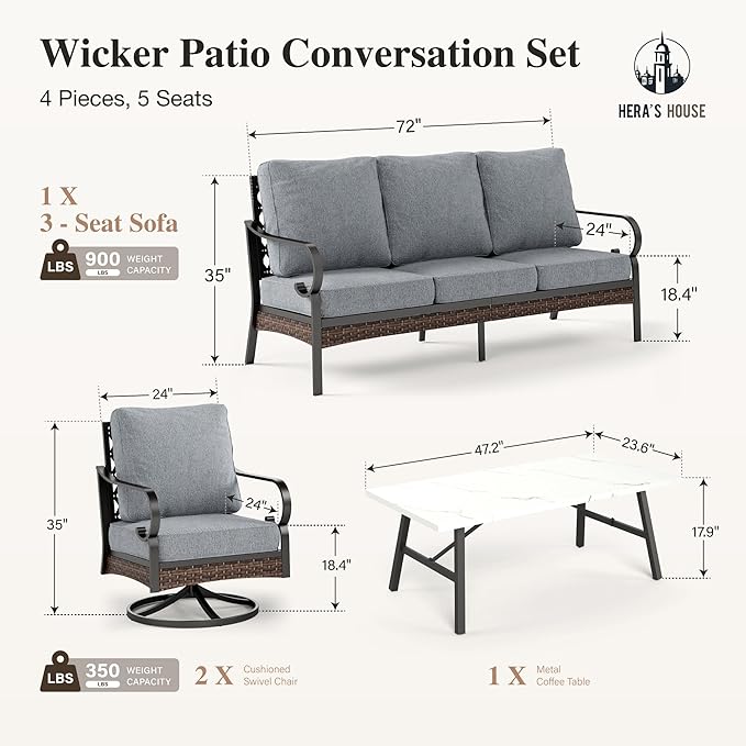HERA'S HOUSE 4 Piece Metal Patio Furniture Set, All Weather Outdoor Conversation Set with 3 Seat Sofa, 2 Swivel Chairs & Coffee Table, Seats 5 for Backyard, Garden, Deck, Grey
