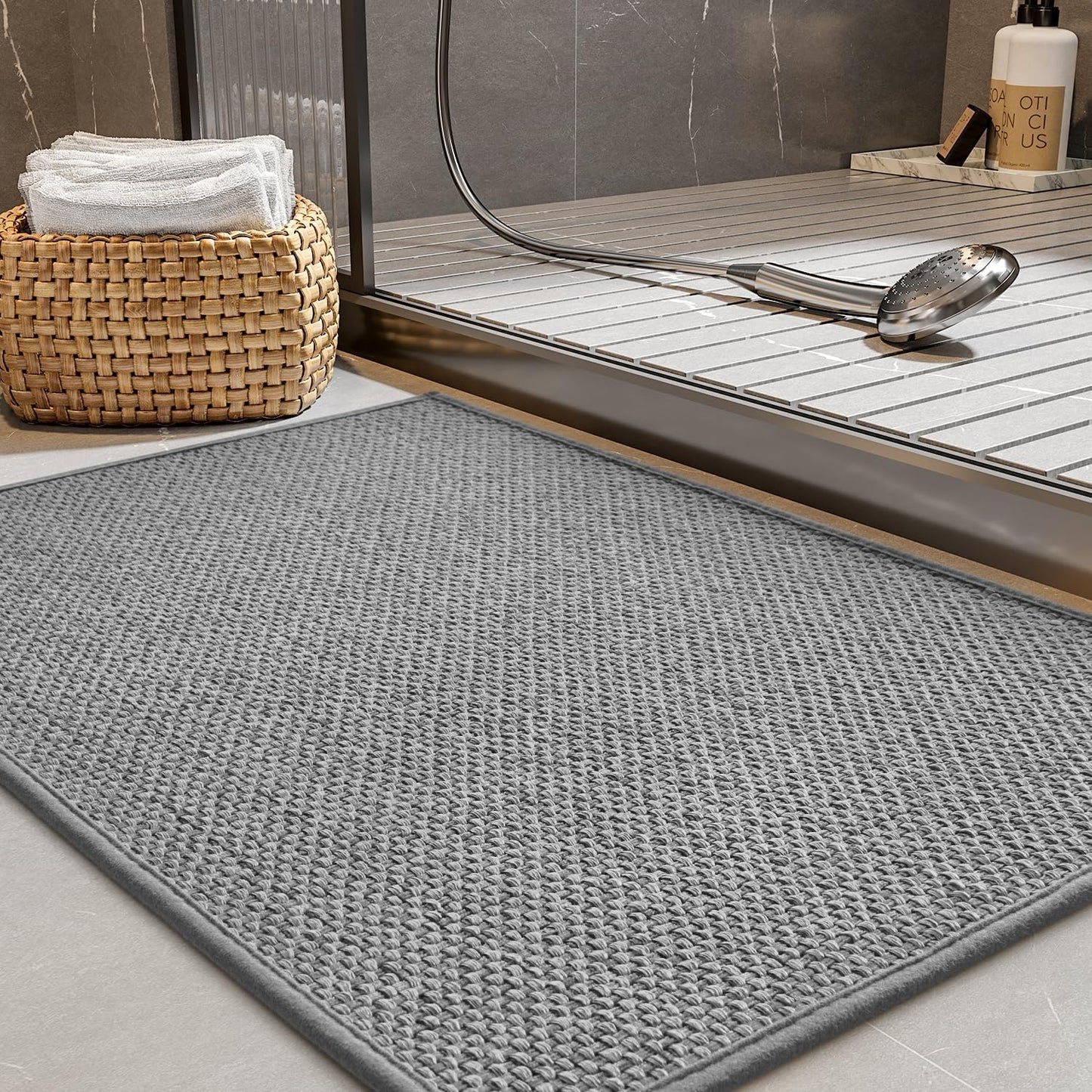PADOOR Non-Slip Bath-Mats for Bathroom, Rubber-Backing Braided Absorbent Bathroom Mat Machine Washable Thin Bathroom Rugs Fit Under Door Quick Dry Bath Rugs for Floor, 17''x30'' Grey