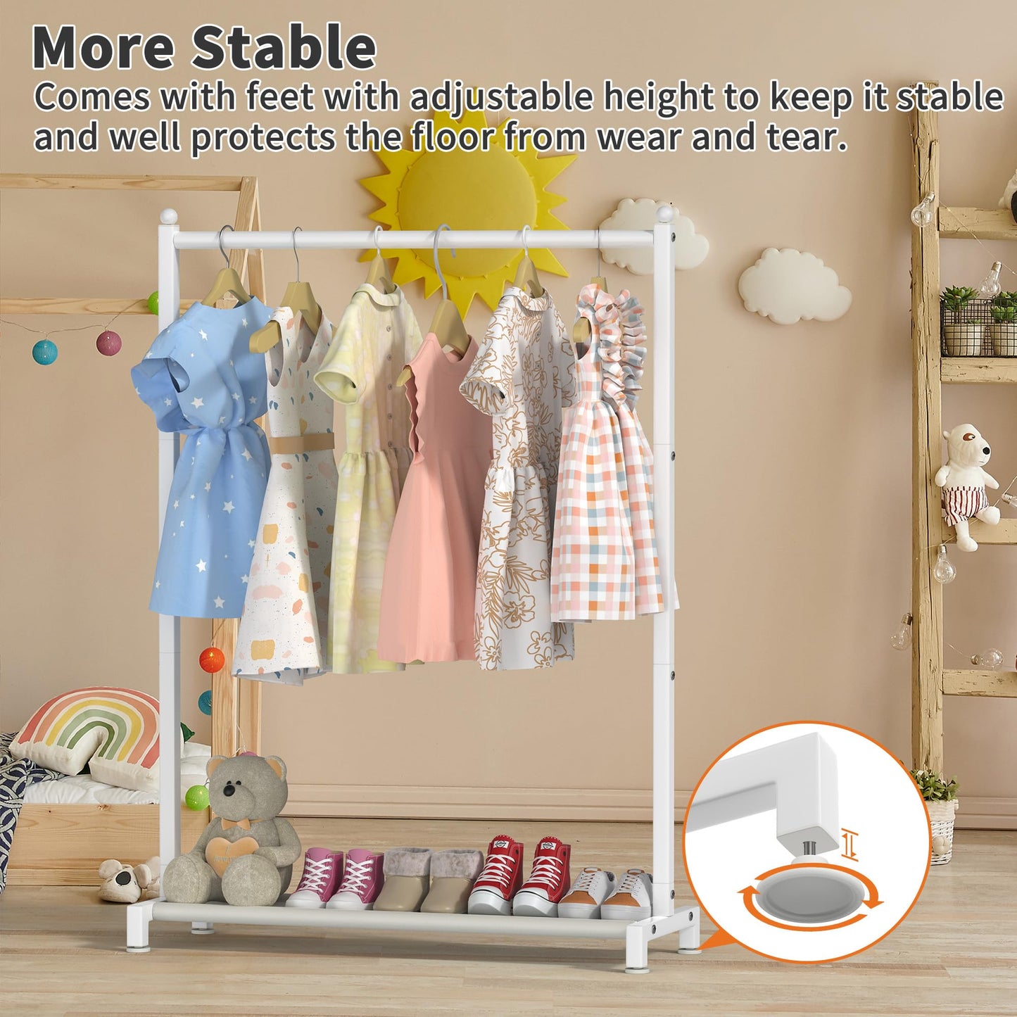 Livilord Kids Clothing Rack with Bottom Storage Shelf, Metal Clothes Rack for Kids Dress Up Storage, Freestanding Dance Costume Garment Rack for Hanging Clothes, White