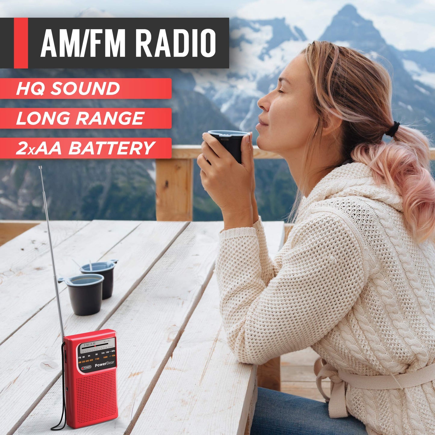 Powerbear Portable Radio | Am/Fm, 2Aa Battery Operated With Long Range Reception For Indoor, Outdoor & Emergency Use | Radio Wit
