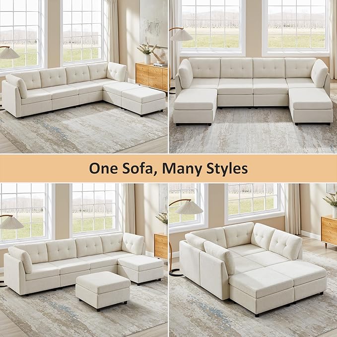 VANOMi 4 Seater Modular Sectional Sofa with 2 Ottomans, 118" Cloud Sofas & Couches, Comfy Chenille Sectional Couches for Living Room, Apartment, Office, White, U Shaped