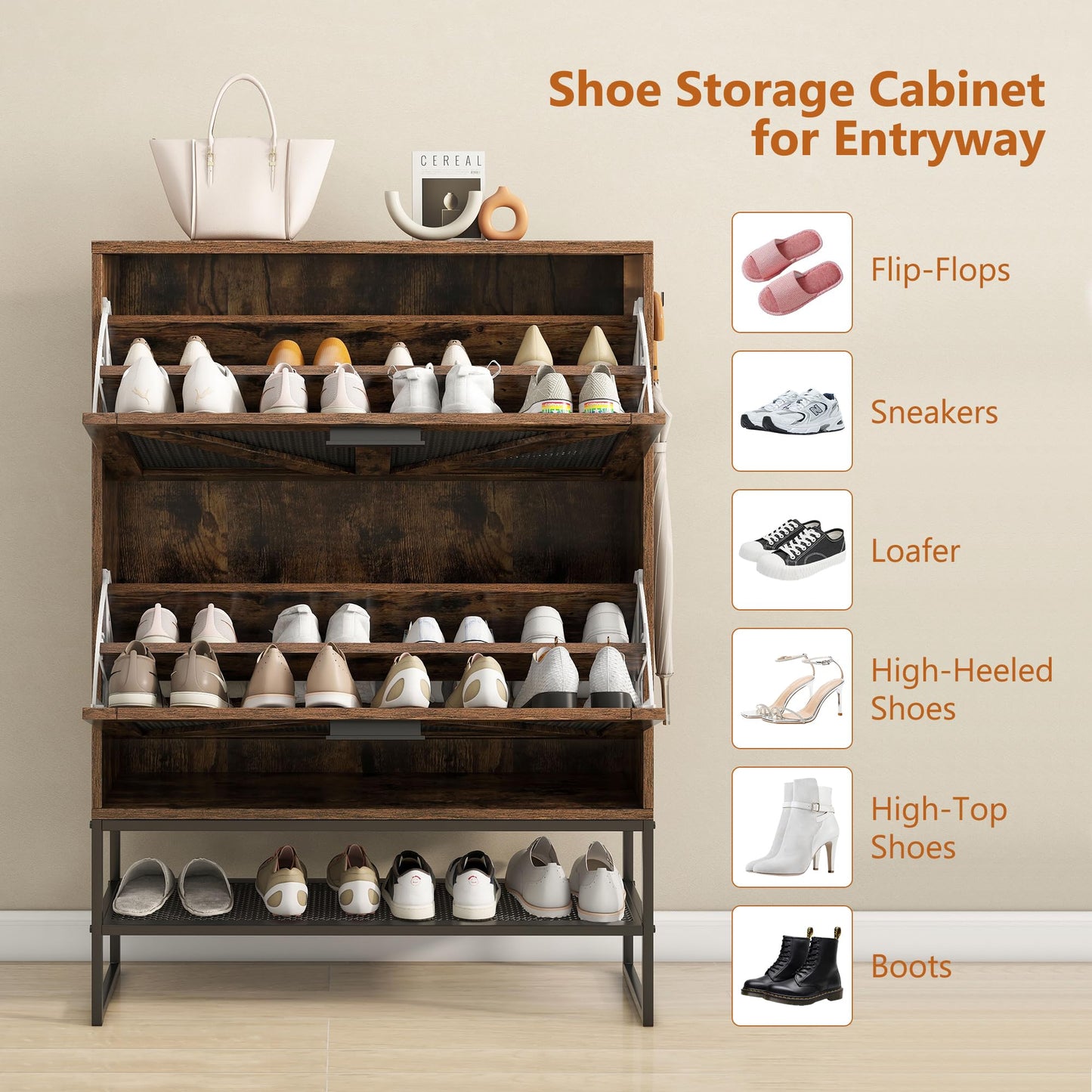 LYNCOHOME Shoe Storage Cabinet with 2 Flip Drawers, Farmhouse Shoe Organizer for Entryway/Hallway, Freestanding Shoe Rack Cabinet with Wire Netting and Steel Legs, Rustic Brown