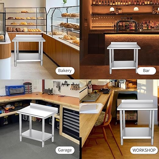 Mioleu Stainless Steel Table, 30 x 24 Inches Commercial Metal Prep & Work Table with Backsplash and Adjustable Undershelf for Kitchen Restaurant Home Garage Warehouse