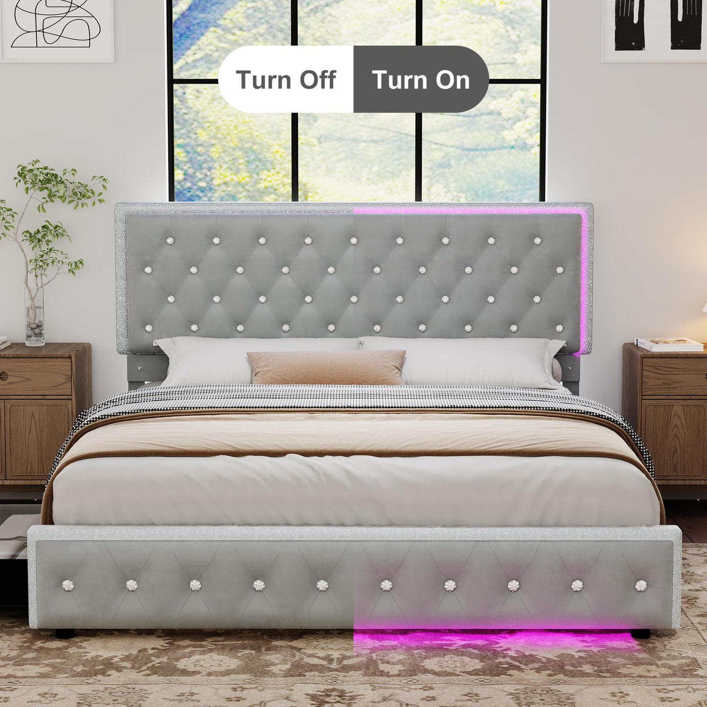 Torana Queen LED Bed Frame with 2 Drawers, Soft Velvet Platform Bed with Diamond Tufted Headboard Footboard and 2 Side Pockets, Mattress Foundation with Wooden Slats Support No Box Spring Needed, Grey