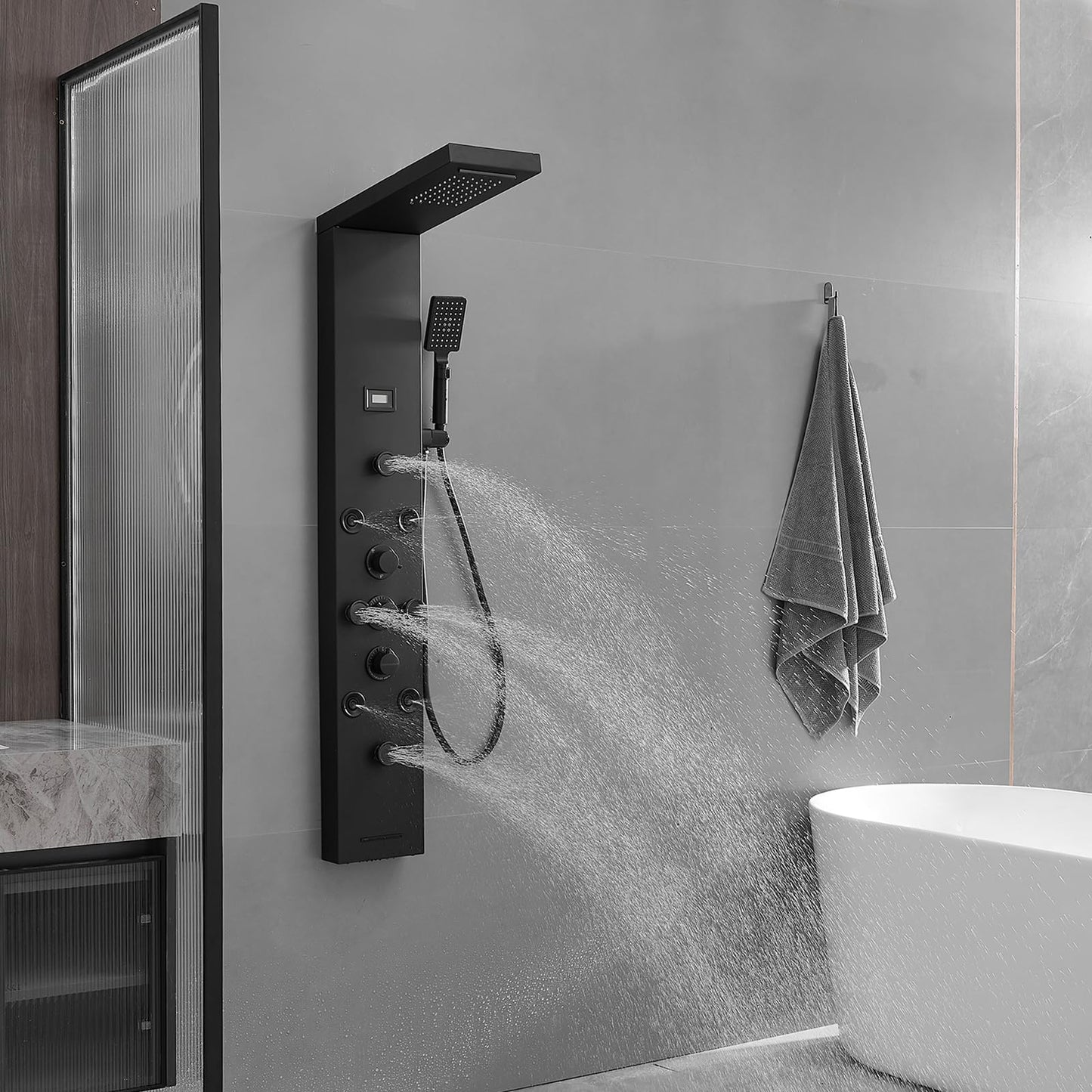 Greenspring Shower Panel Tower System, Stainless Steel Multi-Function Shower Panel, Shower Tower with 5 Body Jets Handheld Shower Wand Tub Spout and Rainfall Head Temperature Display, Black