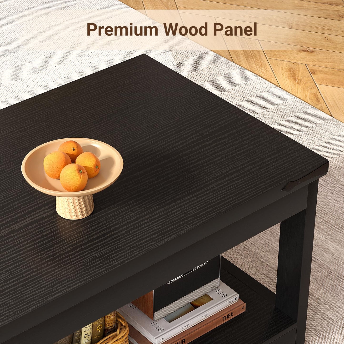 Homieasy 43.3” Rectangular Coffee Table with Storage Shelf, Farmhouse Wood Center Table for Living Room, Modern Black Tea Table with Open Shelf, Black