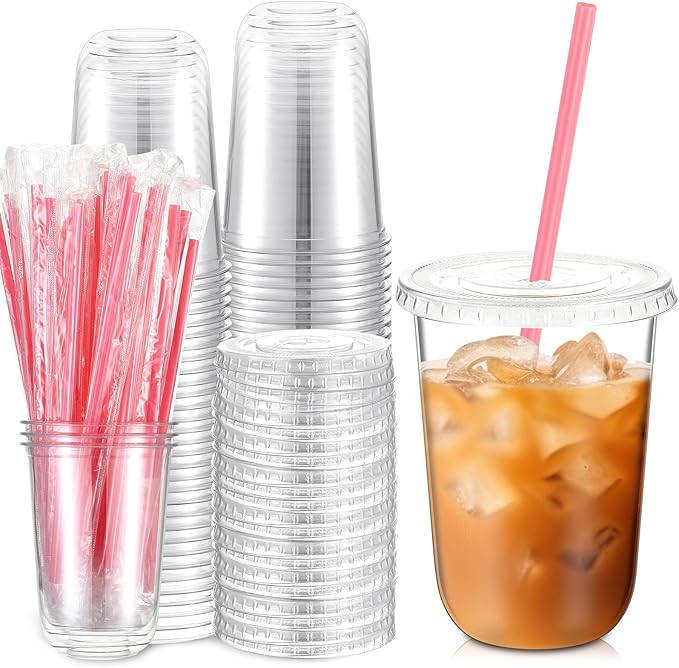Ziliny 50 Sets Clear Plastic Cups with Heart Shaped Pink Straws and Lids, Disposable Iced Coffee Cups Drinking Pet for Col...